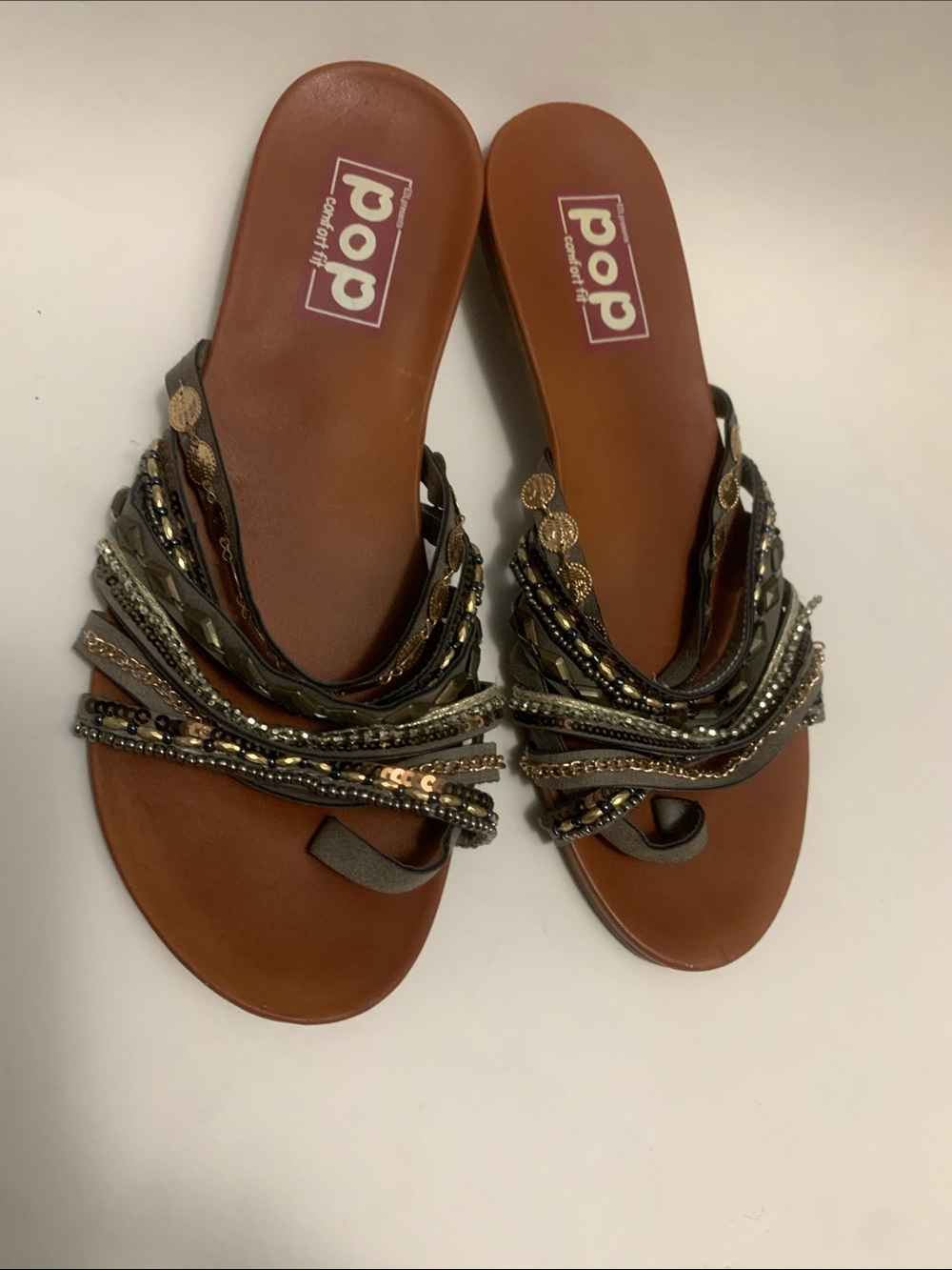 pop Metallic Brown Embellished Slide Sandals
